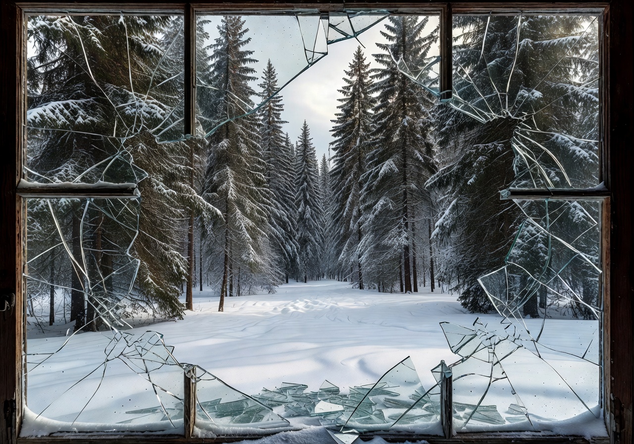 Broken glass framing a snowy forest