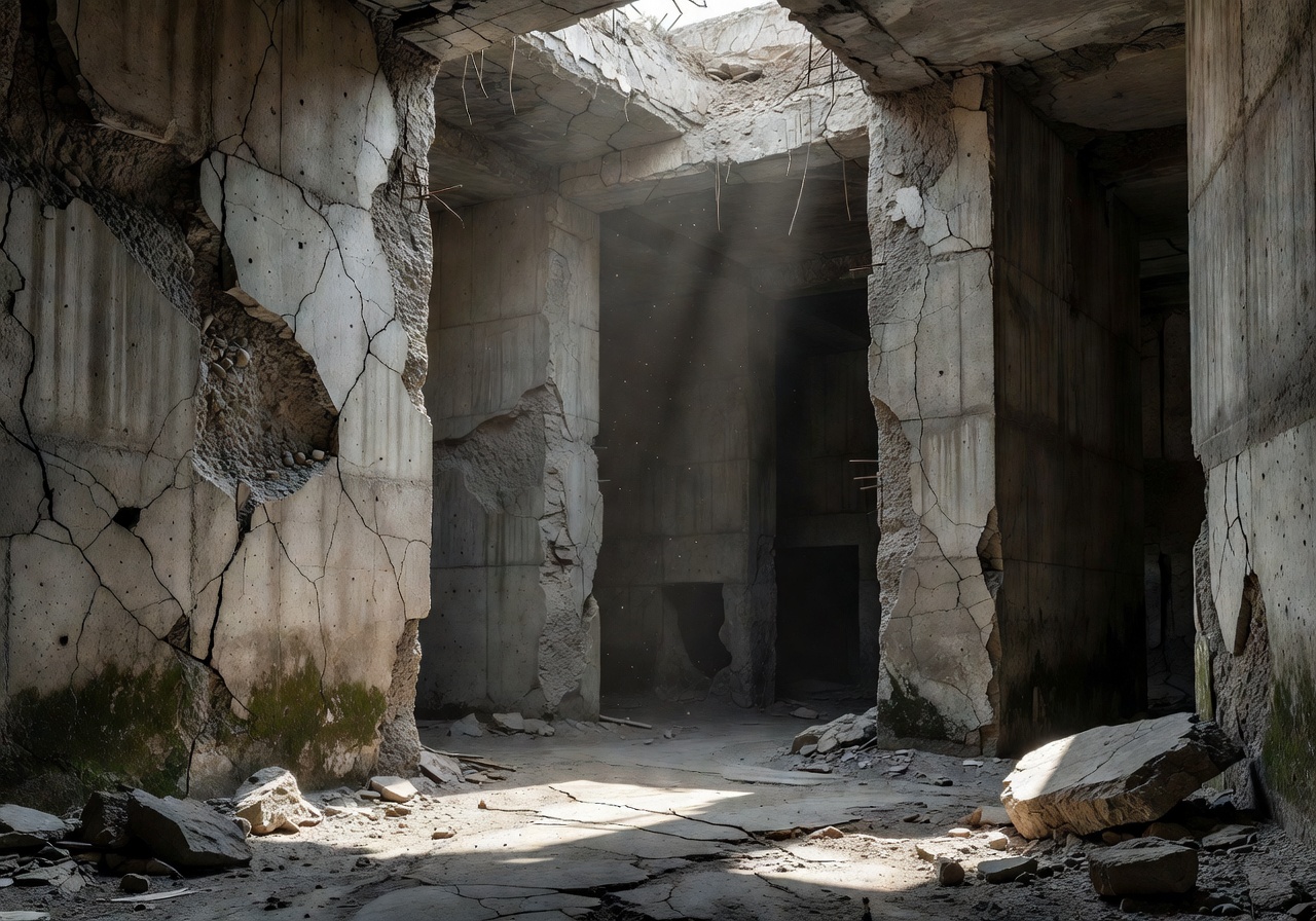 Brutalist concrete interior ruins