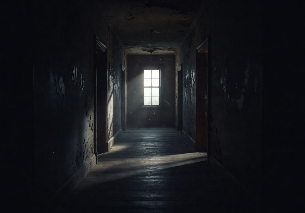 Dark hallway leading to bright window