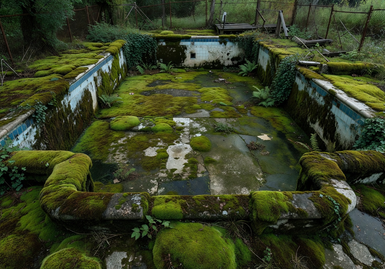 Empty swimming pool overgrown with moss