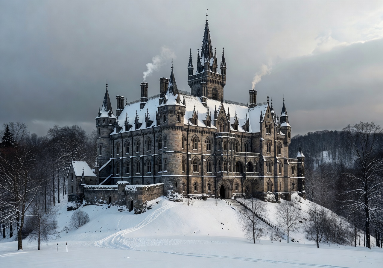 Gothic castle hotel in winter